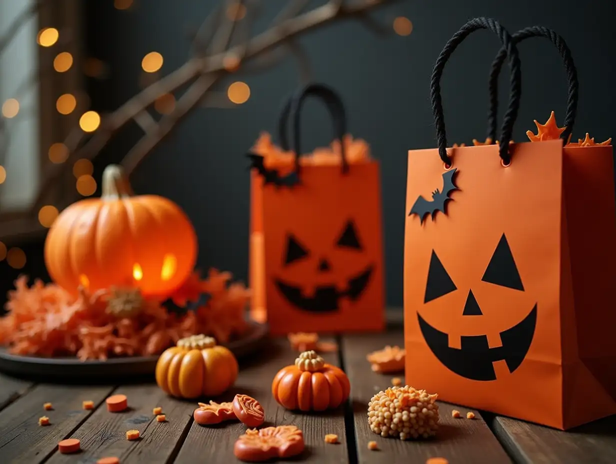 Spooky-Halloween-Party-Festive-Paper-Bags-and-Sweet-Treats-on-Wooden-Table