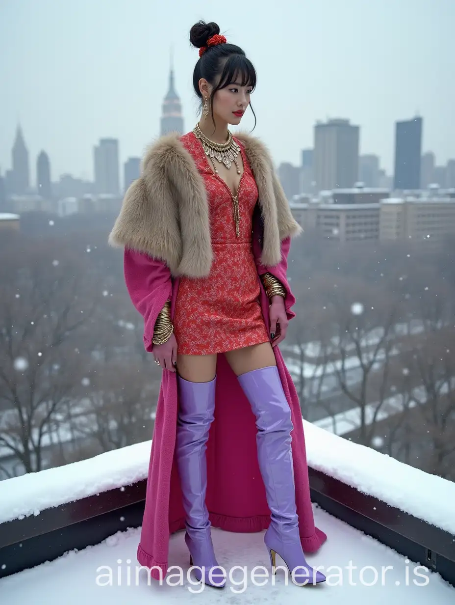 Japanese-Model-in-Fuchsia-and-Red-Kimono-Dress-on-Snowy-Rooftop-in-New-York-City