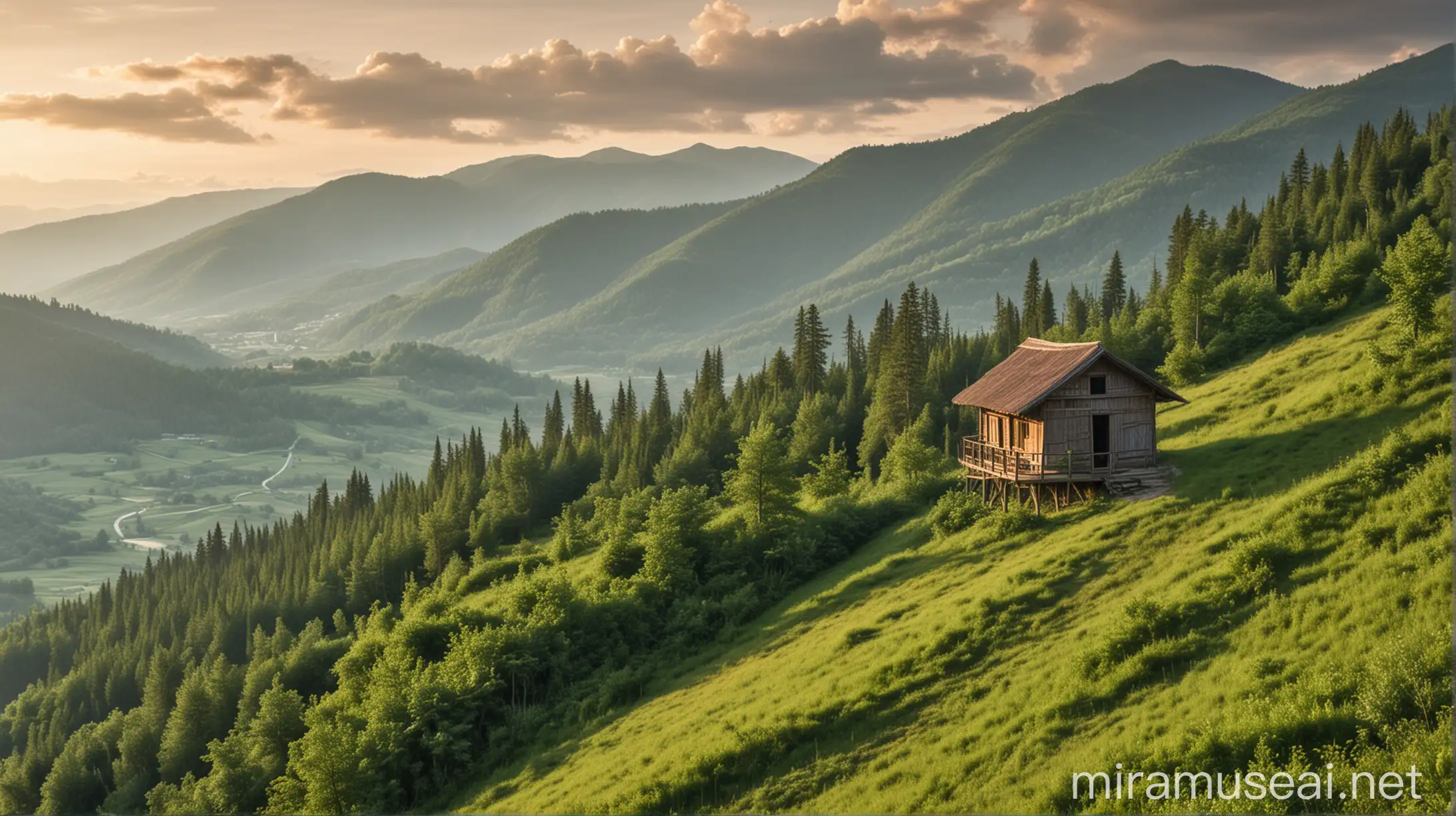 Mountain Hut Overlooking Verdant Foothills with Towering Trees