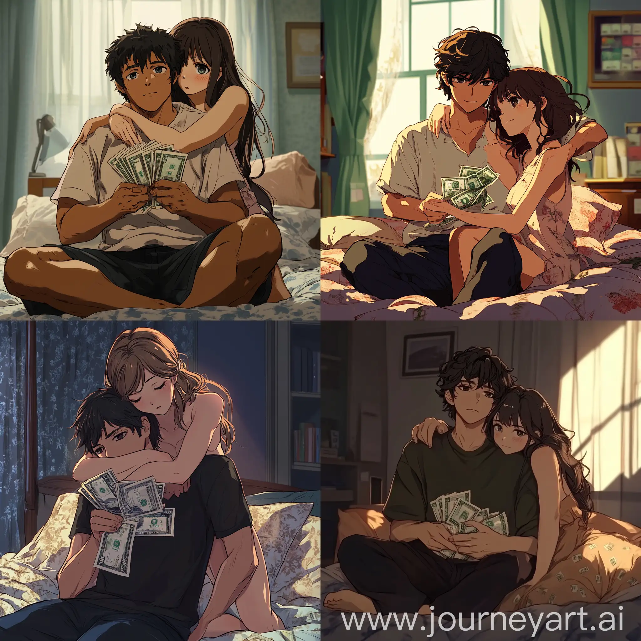 Anime-Style-Scene-Man-Counting-Bills-with-Girl-Embracing-Him