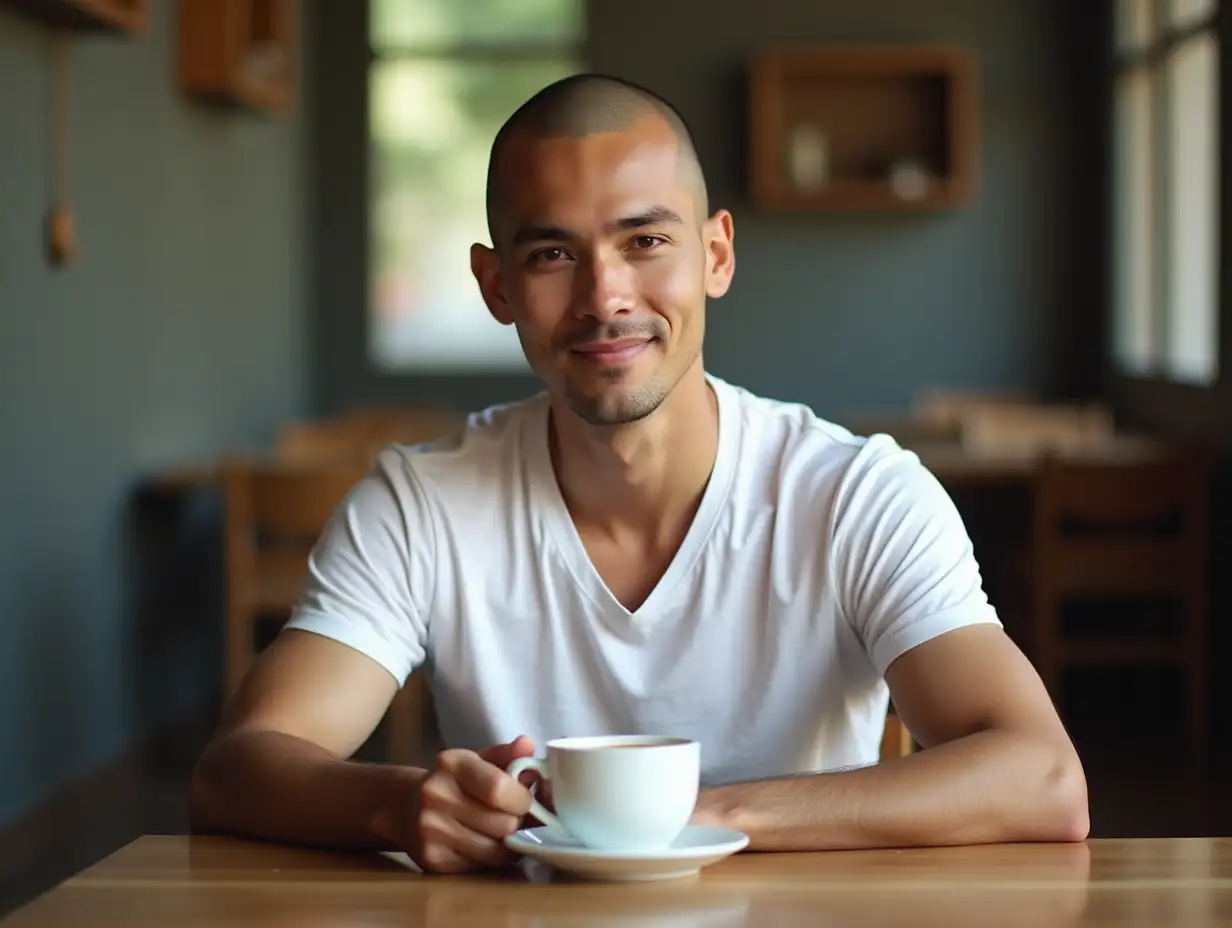 Realistic picture for a handsome man, his name is Mr. SANETH from Khmer Nationality, he is sitting on a chair and drinking coffee nearly wooden table, head bald with shorter hairs, wear v t-shirt white color, with charming face