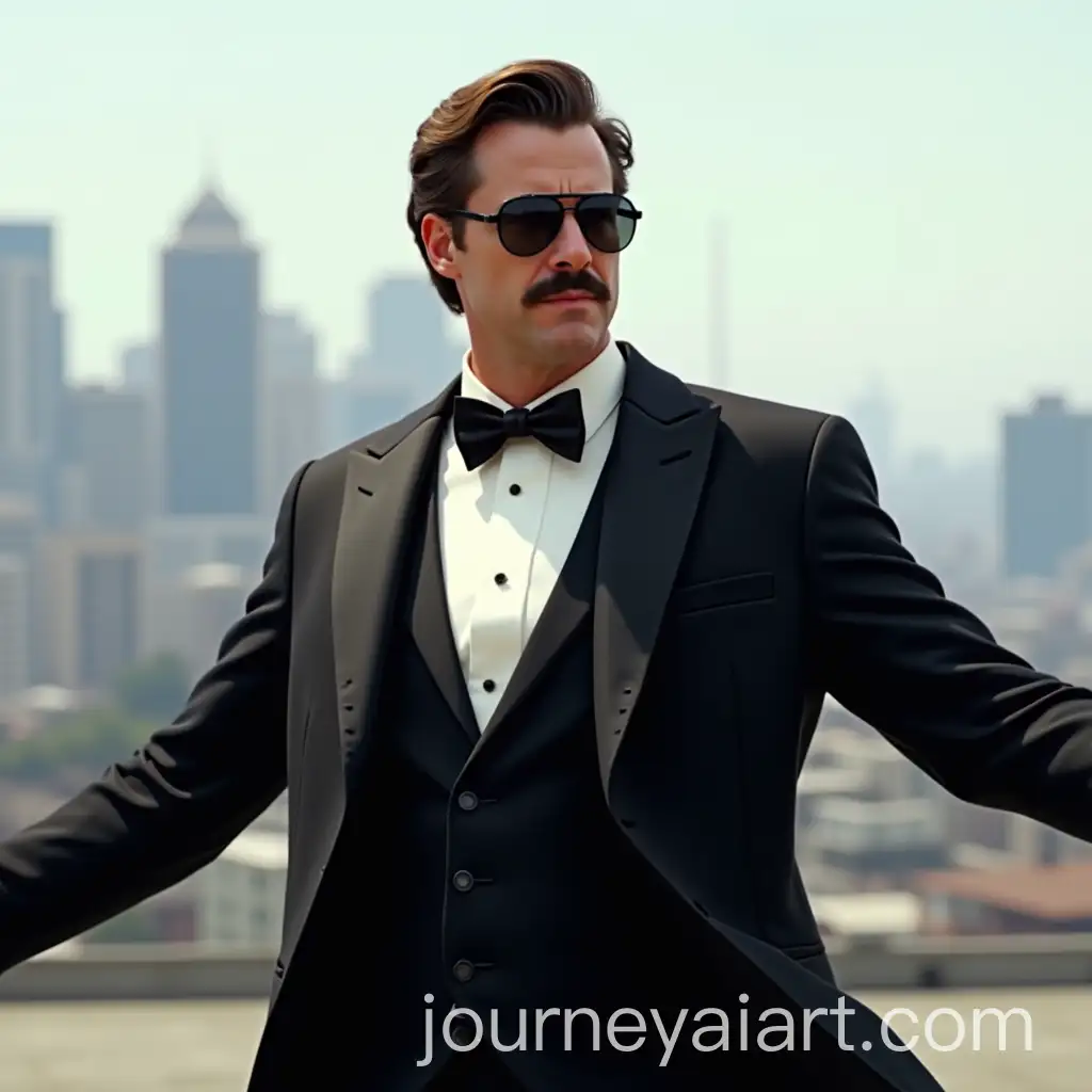 Stylish-Man-in-Black-Tuxedo-with-Open-Arms-in-Cityscape