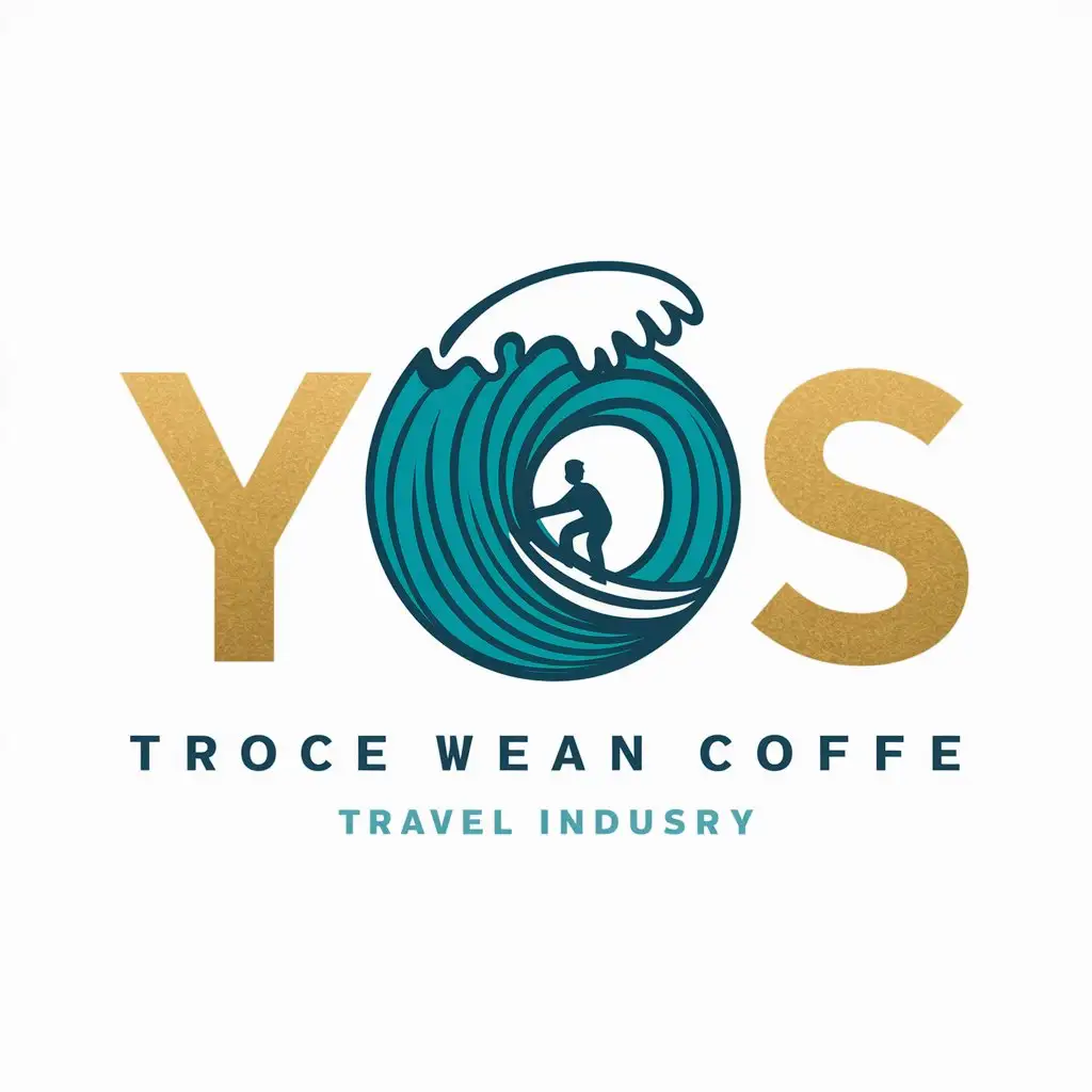 a vector logo design,with the text "The word 'YOS', where the letters 'Y' and 'S' are gold in color, and the letter 'O' imitates a large round wave and has a turquoise gold color", main symbol:A big twisting wave with a surfer,Moderate,be used in Travel industry,clear background