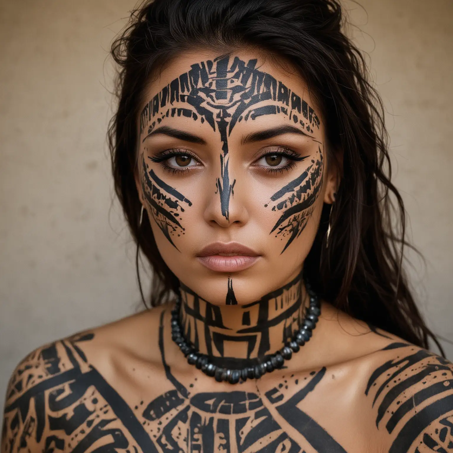 Beautiful Woman with Tribal War Paint and Tattoos