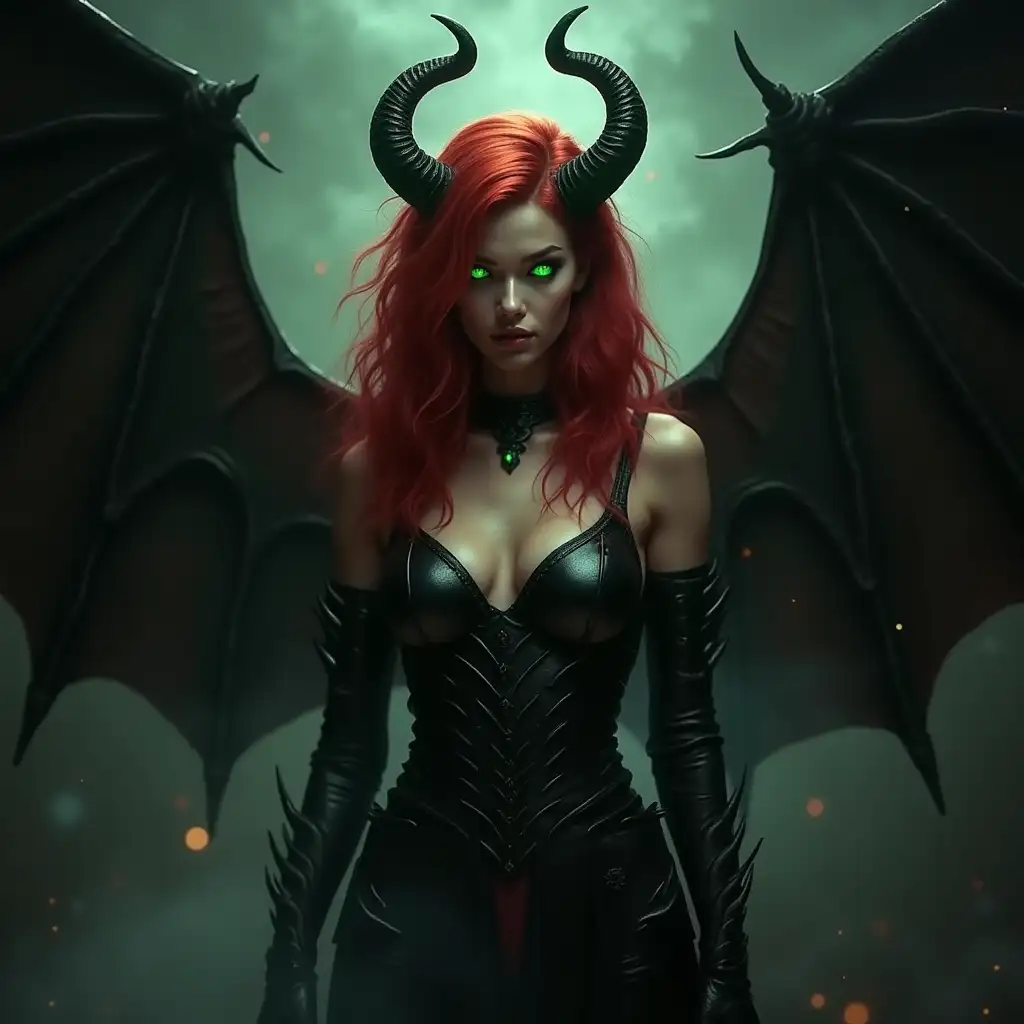 Stunning-Female-Horned-Winged-Demon-in-Black-ArmorDress-Surrounded-by-Dark-Energy-and-Volumetric-Light