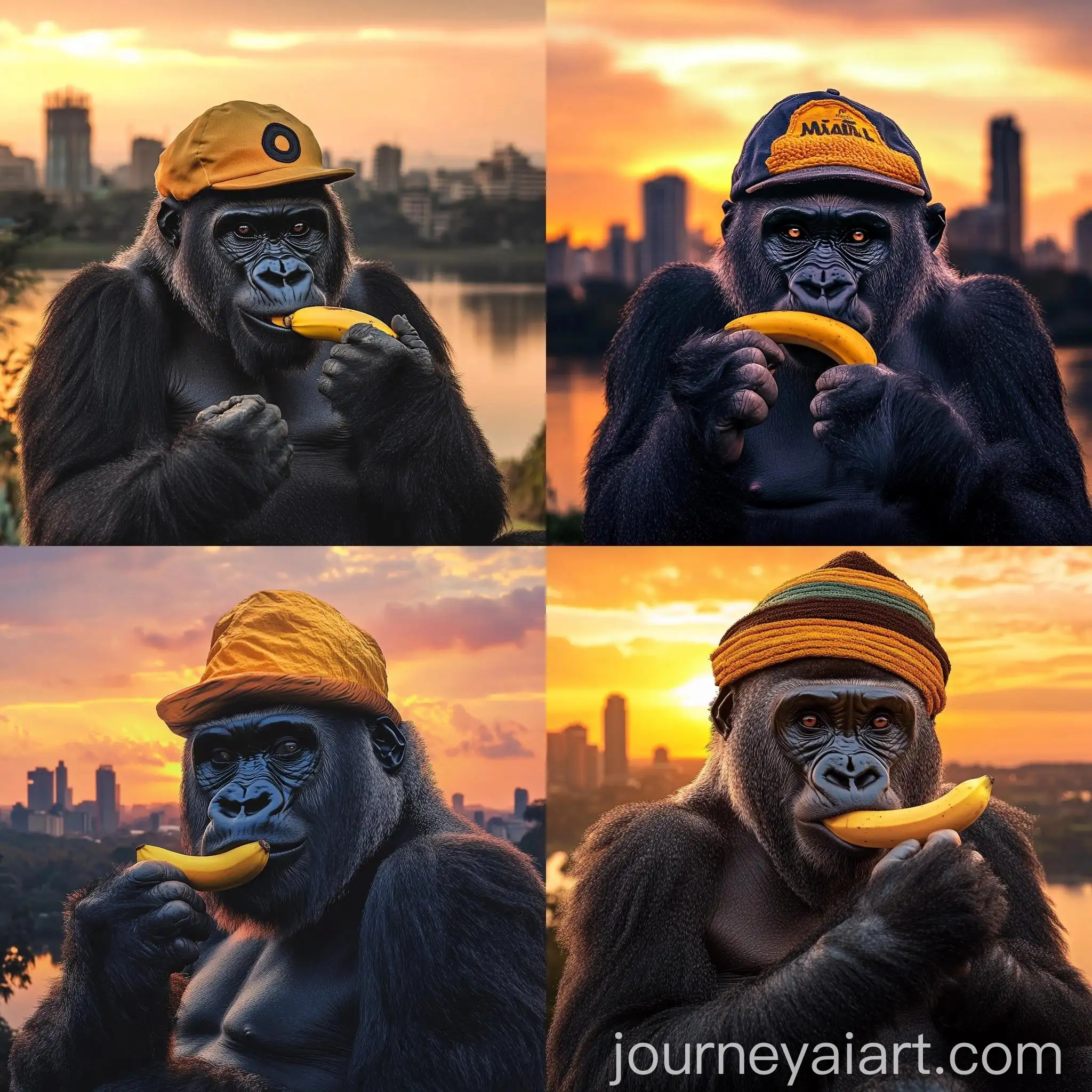Ugandan-Silverback-Gorilla-in-FlagColored-Hat-Eating-Yellow-Banana