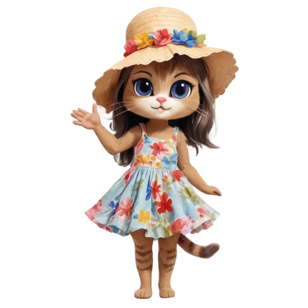 Adorable-Kitten-PNG-Image-with-Floral-Summer-Dress-and-Vibrant-Straw-Hat-Perfect-for-Tropical-Beach-Themes