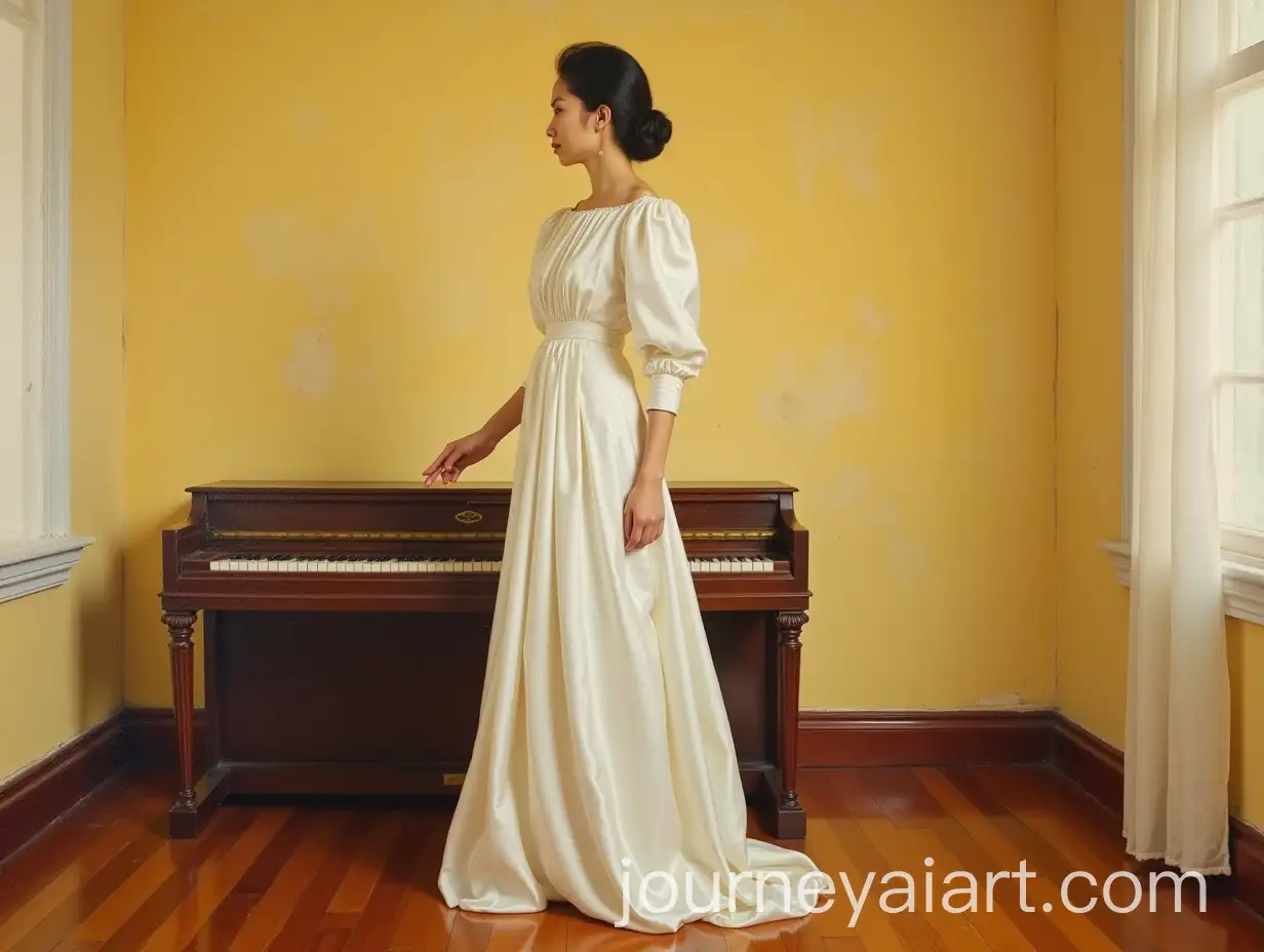 Elegant-Thai-Woman-in-White-Ivory-Satin-Gown-Standing-by-Piano-in-Traditional-Room
