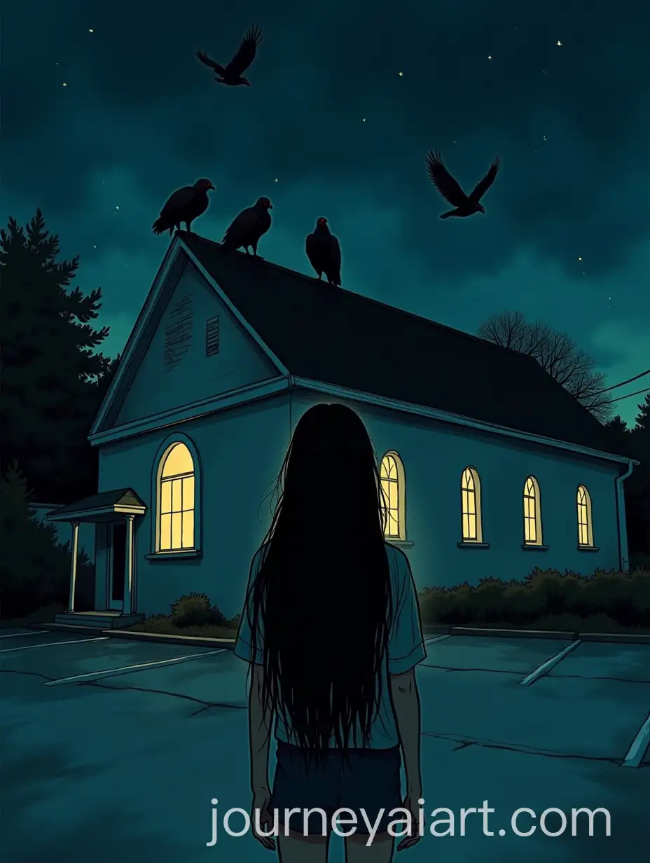 Young-Woman-Staring-at-Church-with-Vultures-on-Roof-Under-Dramatic-Night-Sky