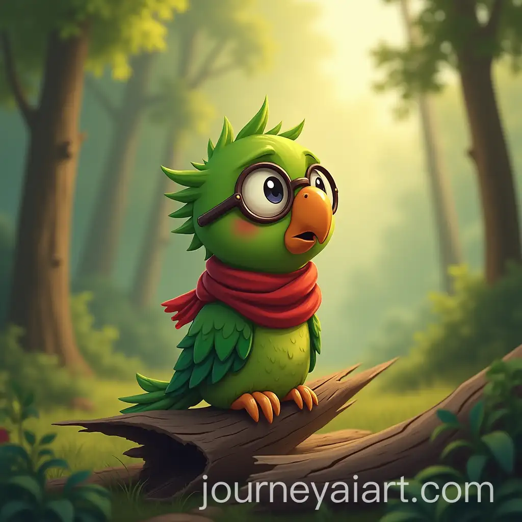 Sad-Green-Parrot-Cheeku-Wearing-Glasses-and-Red-ScAI-Image-Expansionarf-in-Forest-with-Sunlight-Filtering-Through-Trees