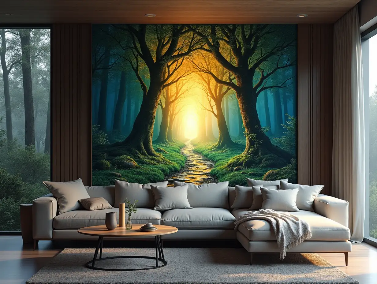 AI A portal to a mythical forest on the wall of my large, modern living room 8K resolution Vibrant