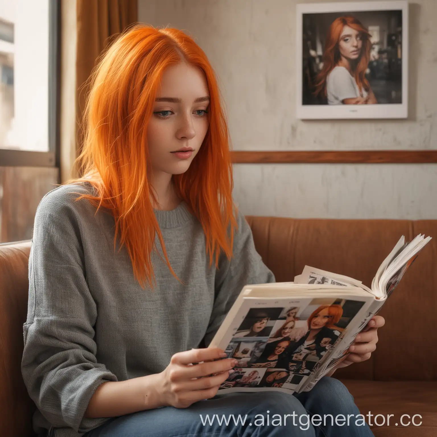 Girl-with-Orange-Hair-Looking-at-Photo-Album-in-Cafe