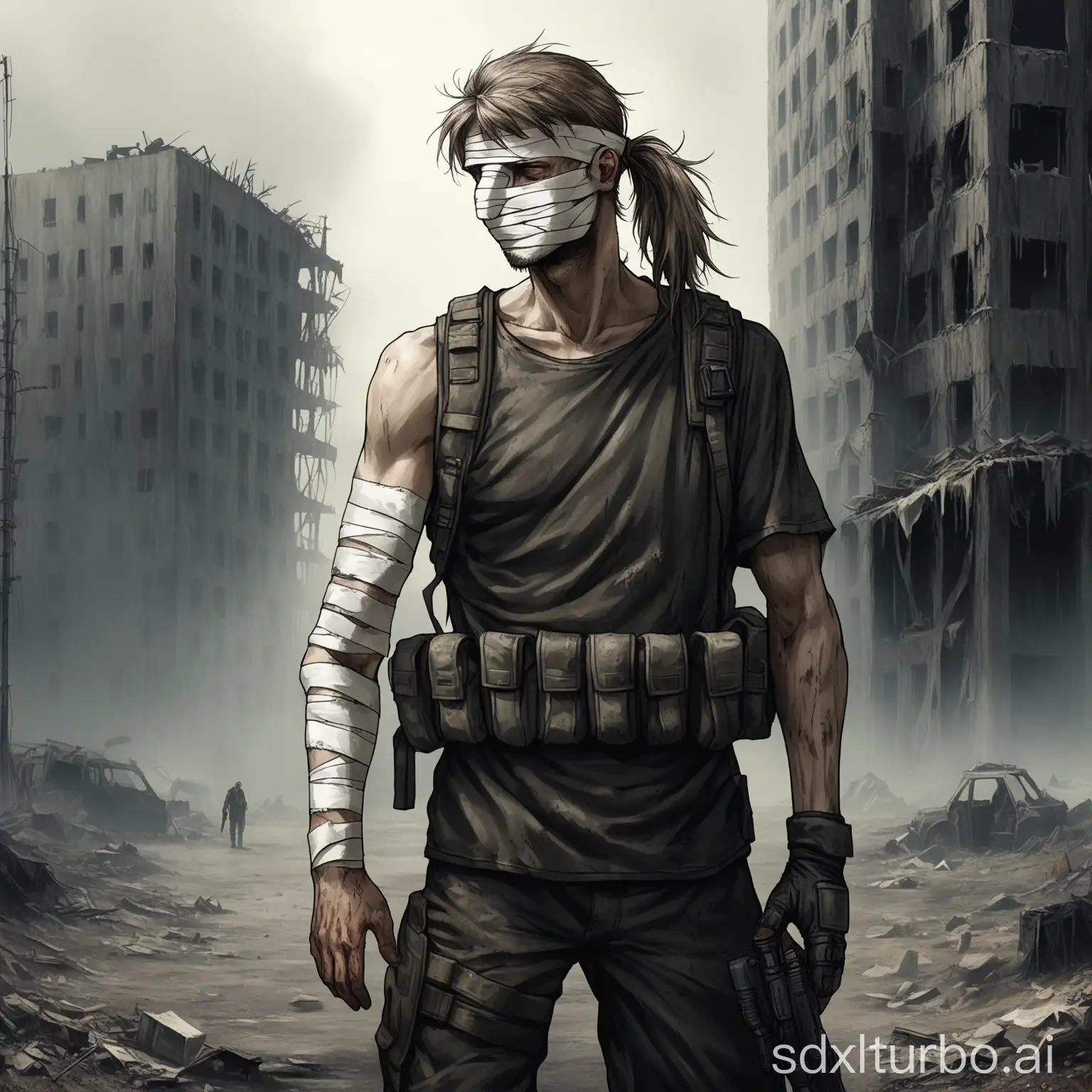 A full growth adult thin russian man in a post-apocalyptic setting. He has ponytail hair. His right arm is full bandaged from the hand to the shoulder. The lower part of face is wrapped in bandages, leaving his eyes and nose visible. He wears dark official shirt and tactical gear