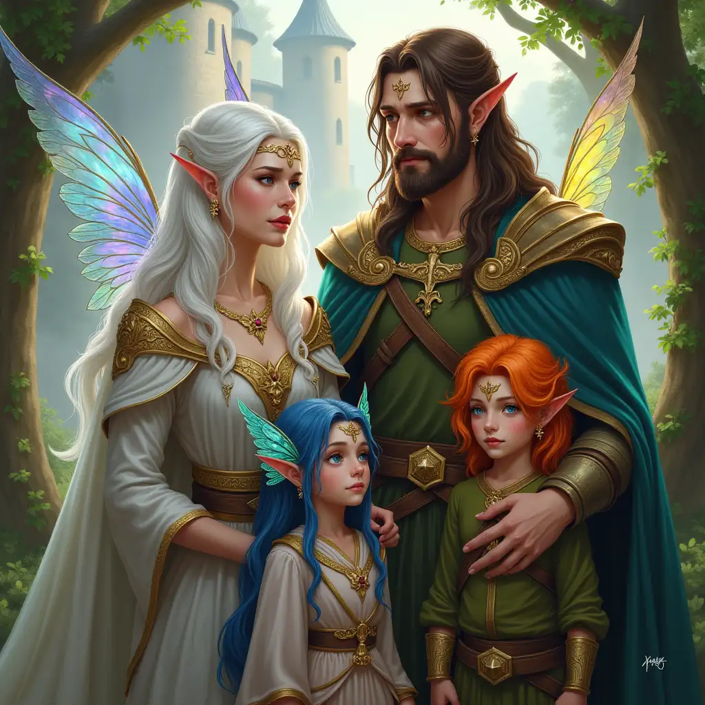 D&D Elf world. Create a royal family portrait of the Queen, King, Princess (girl) and Prince (boy). With a castle in the background. Queen Lumina Bloomwood: of the Lumina Clan. she has white hair and she has iridescent fairy wings behind her ears. King Theron Meadowlight: Bramblewood Clan. he has brown hair and a beard. Princess Sylvana Dewpetal: Has blue hair and glowing eyes. she has iridescent fairy wings behind her ears.. Prince Zephyr Bramblecrown: has orange hair and green eyes.