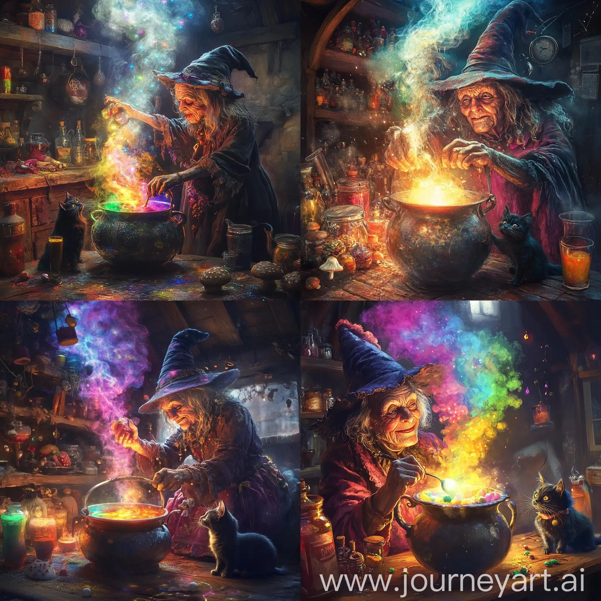 Old-Witch-Stirring-a-Magical-Cauldron-in-a-Cozy-Hut-with-Colorful-Smoke-and-Excited-Cat