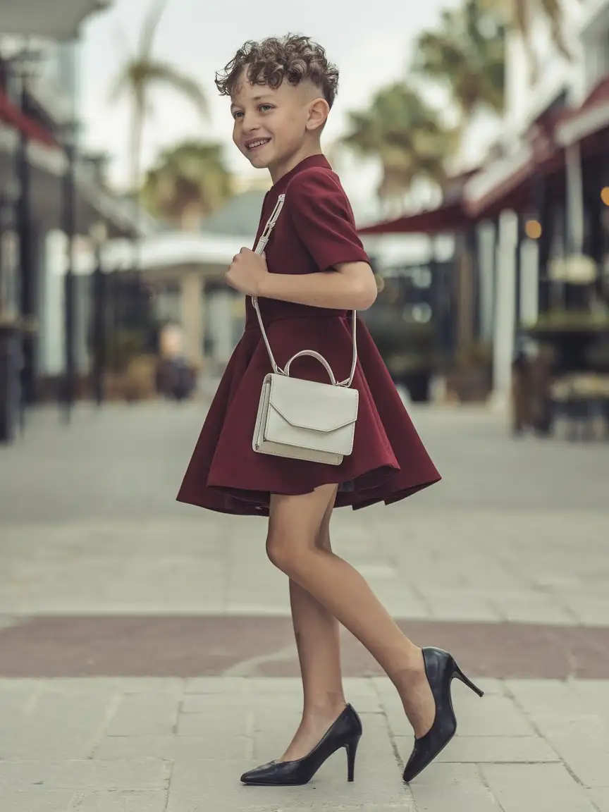 little young boy wearing wine red mini skater dress and black high heels and staying in town and white small leather shoulder bag and smiling and curly hair and long legs