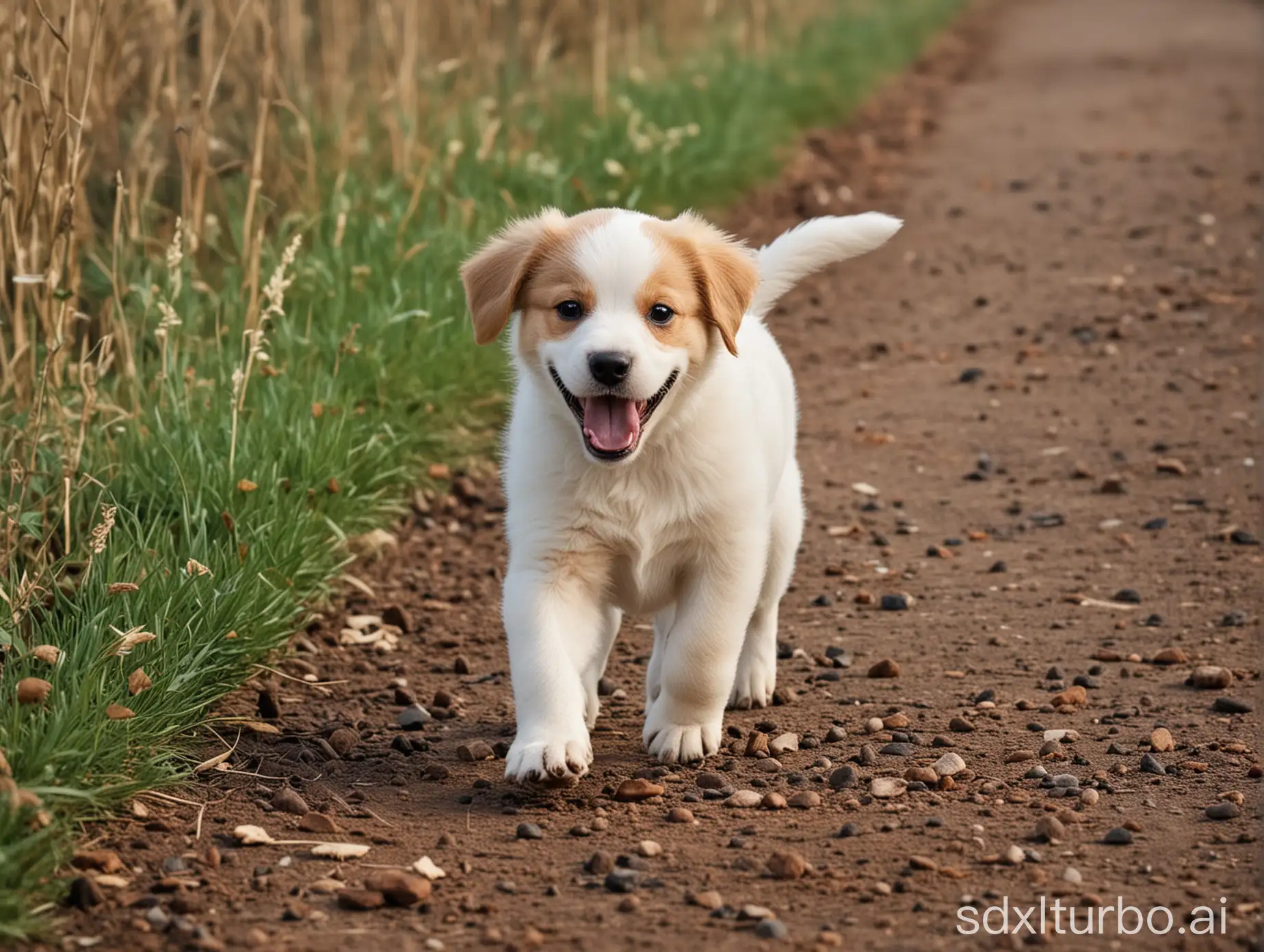 a happy puppy dog walking on the sideways