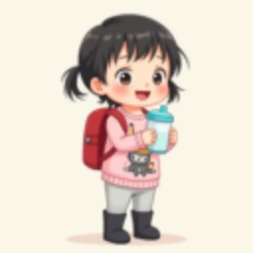 Create an image:Cute toddler girl, likely 3 years old, of Asian descent, wearing a pink long-sleeve shirt with a graphic print stylized cute animals. She wears a red backpack, light gray pants, and black winter boots. She holds a light blue lid, pure white body, b.box Sippy Cup . The girl has dark, straight hair, expressive eyes, and a happy, open-mouthed expression, likely showing excitement or joy. Akira Toriyama style, high resolution