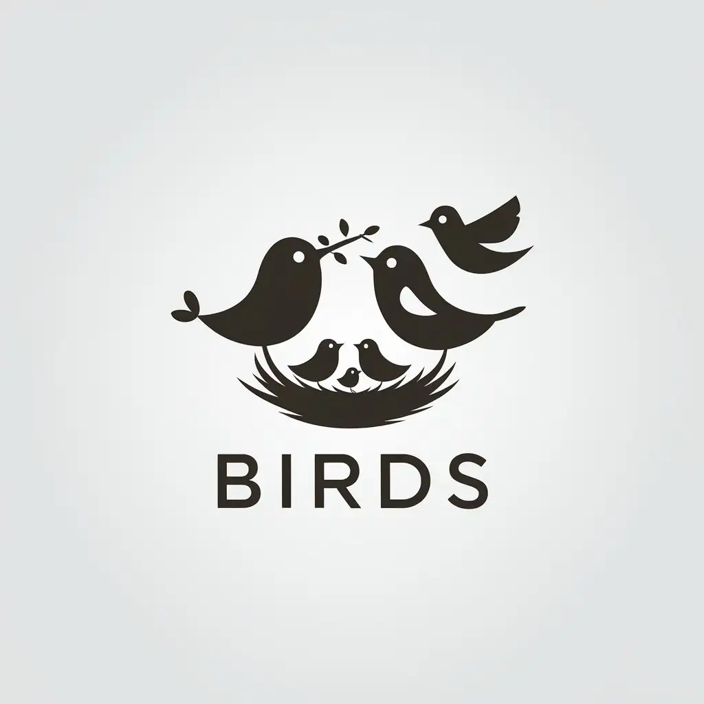 a vector logo design,with the text "birds", main symbol:Two birds, one with a twig in the beak near chicks in the nest, the second is flying nearby,Minimalistic,be used in Home Family industry,clear background