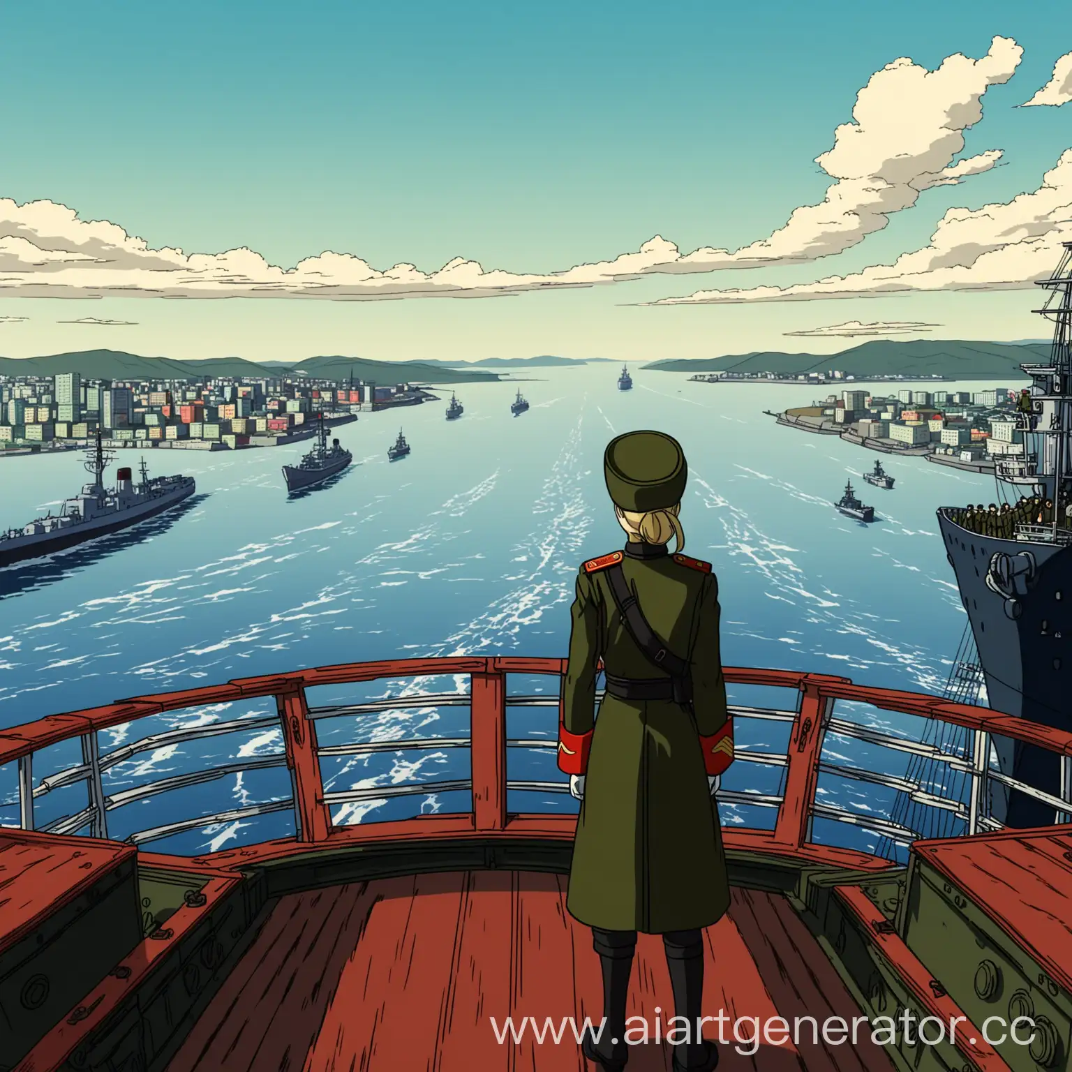 Anime-Style-View-of-Vladivostok-with-Girls-in-Soviet-and-Japanese-Military-Uniforms-at-the-Ship-Stern