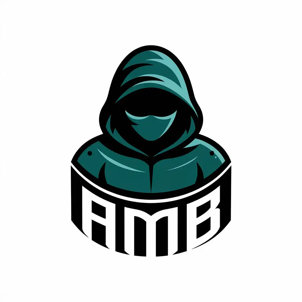 a vector logo design,with the text "AMB", main symbol:A person wearing a hood covering his head with the AMB text at the bottom in a curves way showcasing the person love for Ai and design ,Moderate,be used in Technology industry,clear background