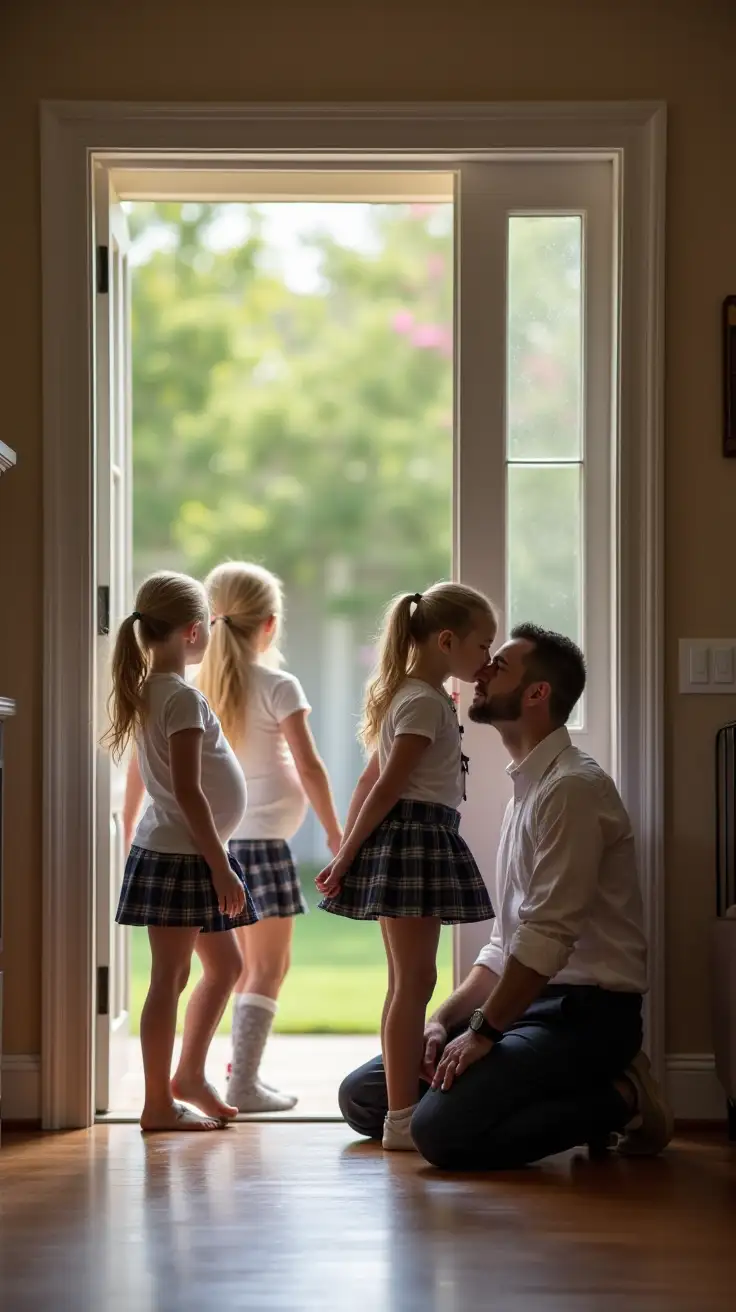 a man is kneeling in the foyer of his house next to the front door, kissing his slender young daughter as she leaves for school. several young daughters are walking past out the door. the man is wearing slacks and a dress shirt. each daughter has long blond hair in a ponytail. each daughter is wearing a school uniform including a short pleated plaid skirt, thigh high stockings, and a tight white button down blouse over a pregnant belly.