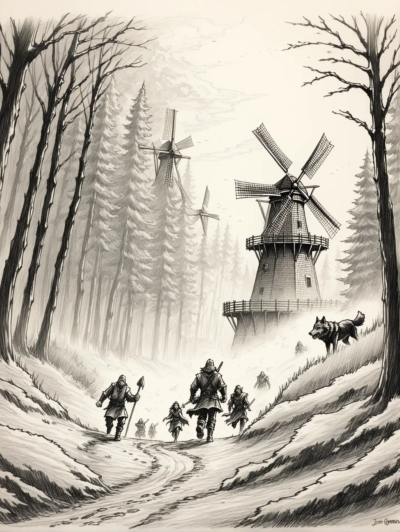 Pencil-Drawing-of-2-Men-and-a-Woman-Pursued-by-Wolves-in-a-Forest-with-Windmill