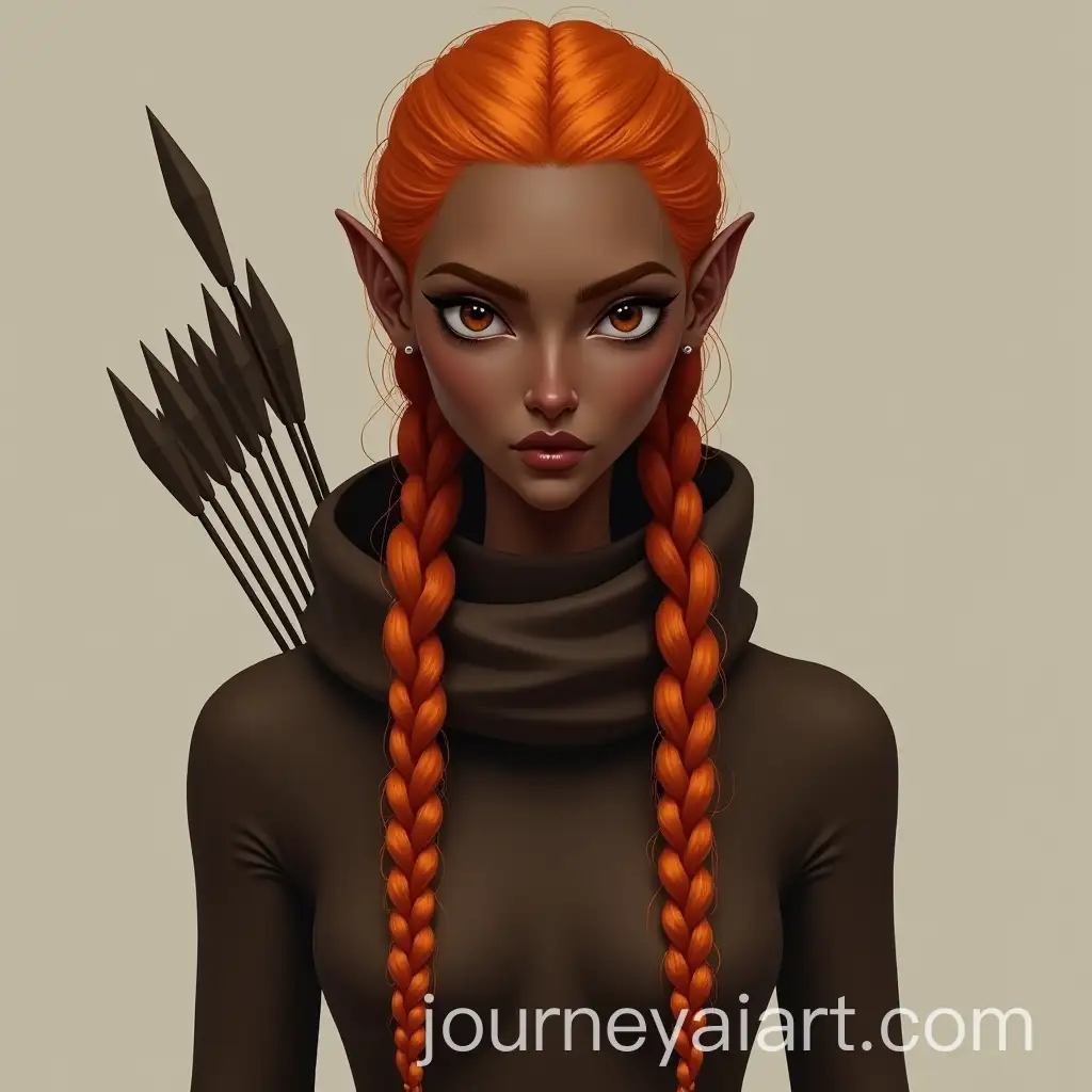 Slim-Woman-with-Orange-Hair-and-Arrows-in-Dark-Brown-Clothing