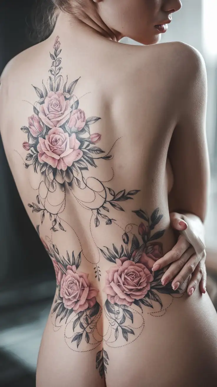 Symmetrical-Floral-Tattoo-Design-on-Lower-Back-with-Roses-and-Lilies