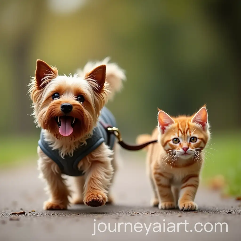 Yorkshire-Terrier-Dog-Walking-on-Leash-with-Ginger-Cat-Uncle