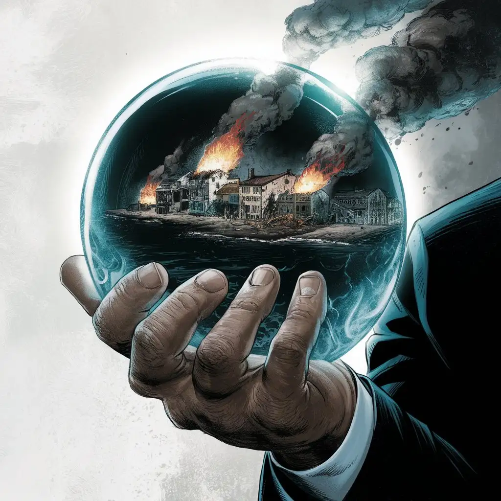 Sinister Modern Comic Book Art Hand Holding Glowing Orb with Coastal Town in Flames