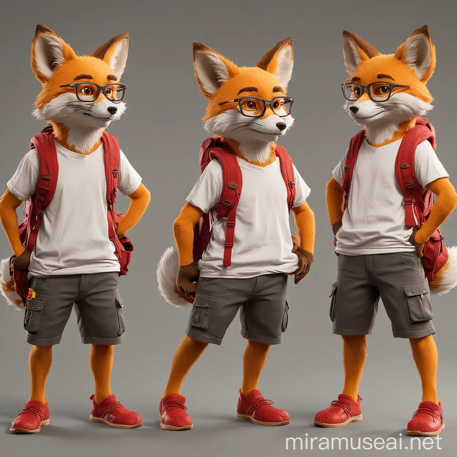 Fox Mascot Character with TShirt Glasses and Backpack in Red and Yellow