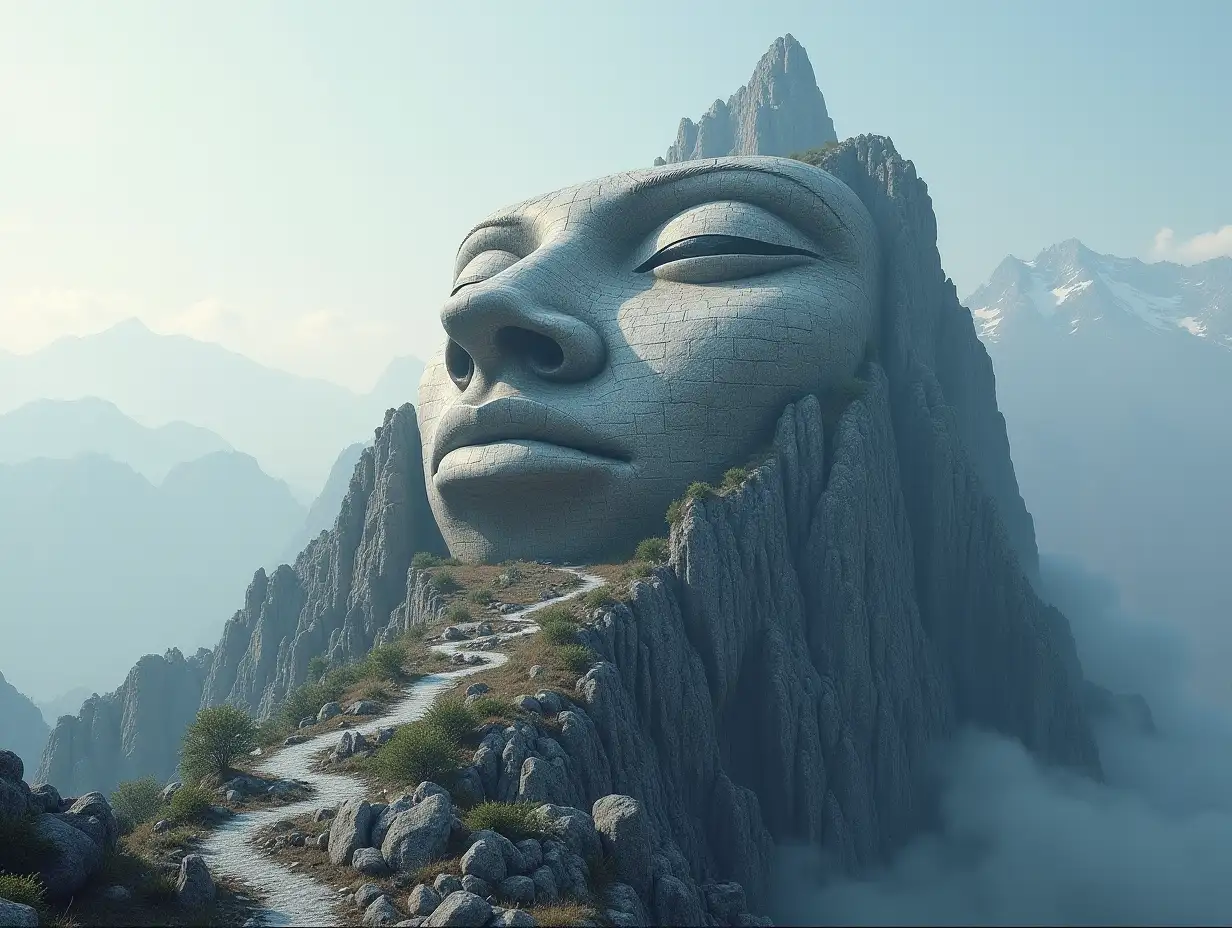 Face transformed into a building on a high mountain