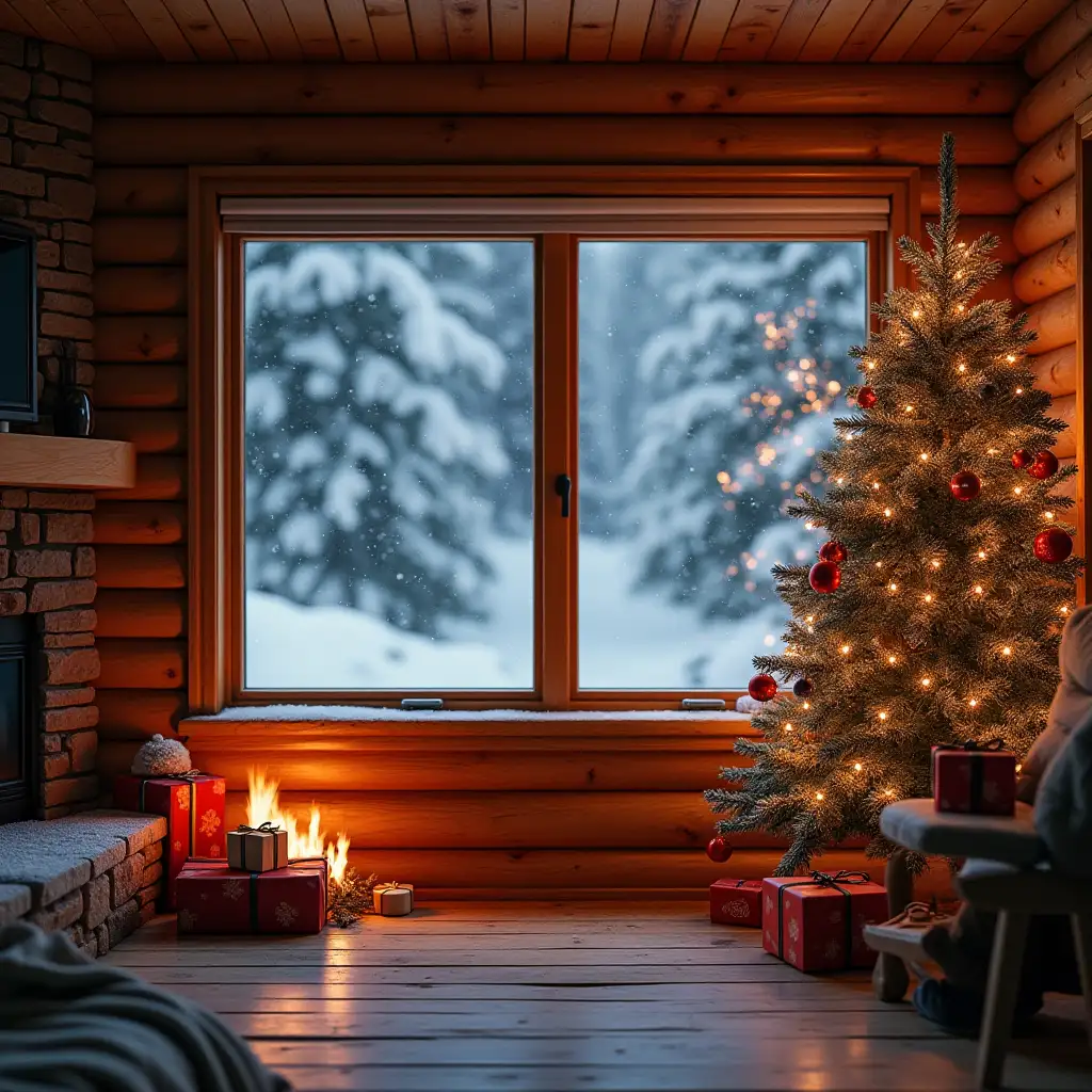 a pictureqeze cabin that has snow falling outside the window, a christmas tree in the corner with presents around it and a fire burning in the corner.