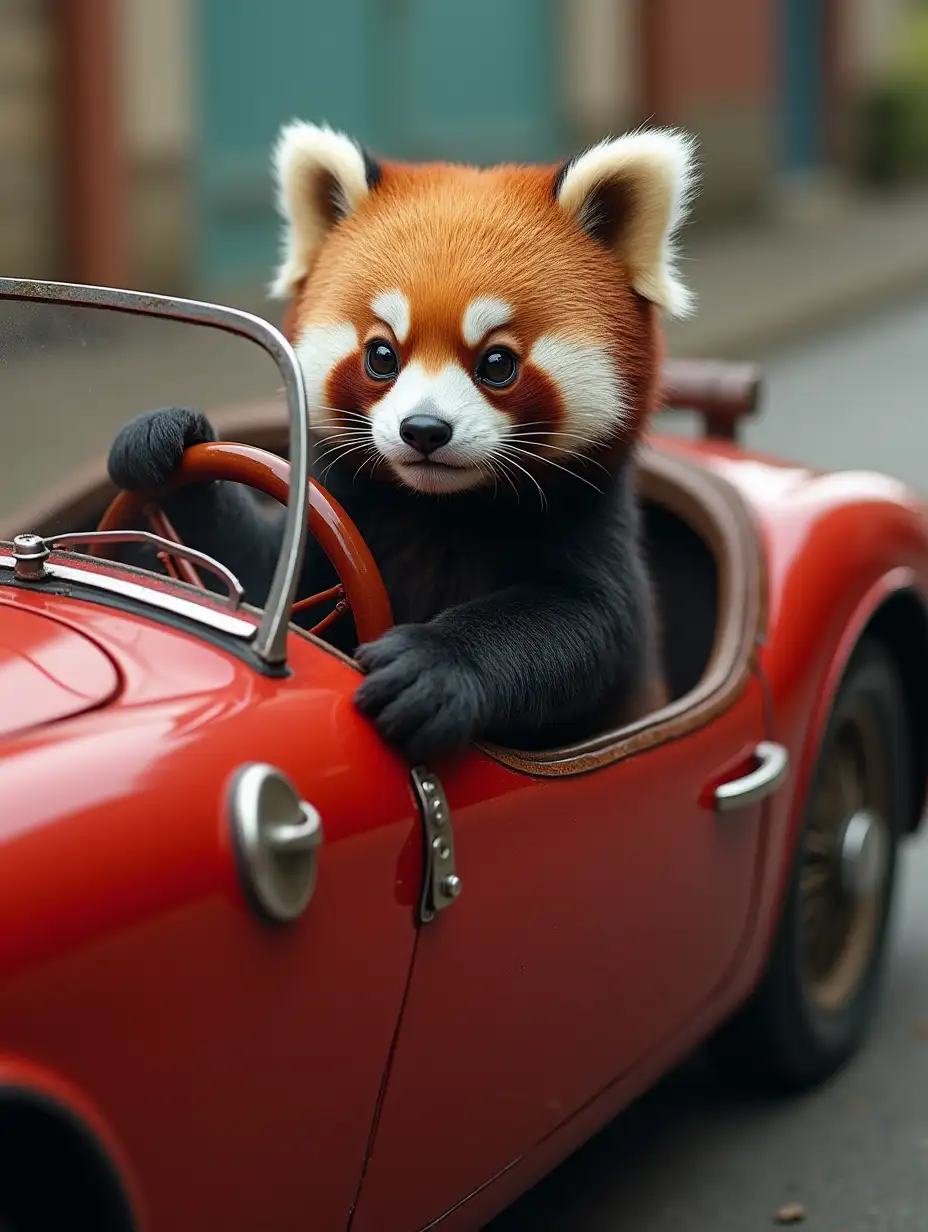 Red car with a panda driver, 4k, steampunk