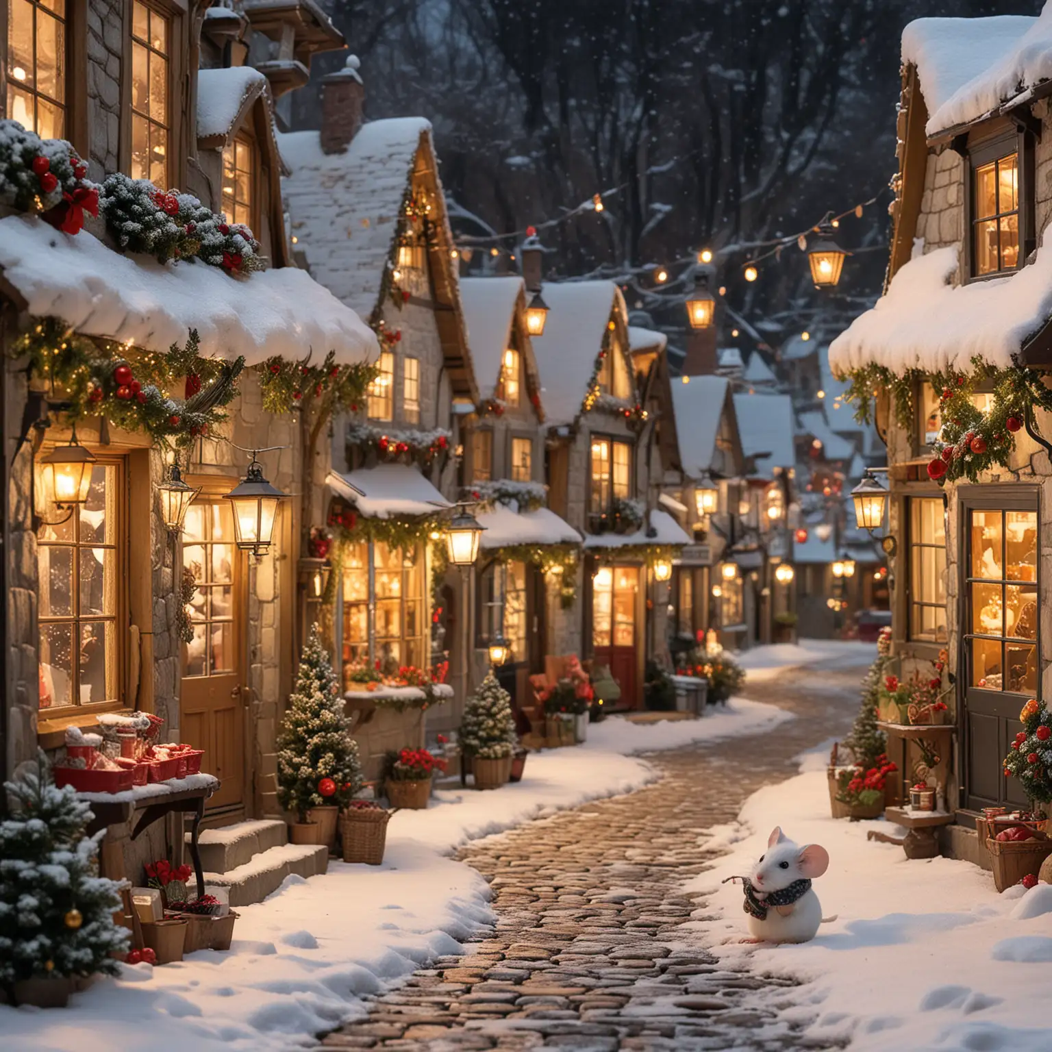 A highly detailed, heartwarming winter scene featuring an adorable white mouse dressed in a charming winter outfit. The mouse wears a cozy knitted hat with a fluffy pom-pom, a tiny scarf wrapped snugly around its neck, and a warm coat with delicate details like buttons and fur lining. The mouse has a joyful and curious expression as it roams through a magical Christmas village. The village is filled with festive elements: snow-covered rooftops, softly glowing lanterns, decorated Christmas trees adorned with twinkling fairy lights and ornaments, and tiny market stalls offering holiday treats. Delicate snowflakes fall gently from the sky, dusting the cobblestone paths and rooftops with fresh snow. The background showcases small cottages with warm, golden light glowing from their windows, wreaths hanging on doors, and holiday garlands draped between buildings. The scene exudes a magical, festive, and cozy atmosphere, capturing the essence of Christmas in a whimsical winter wonderland.