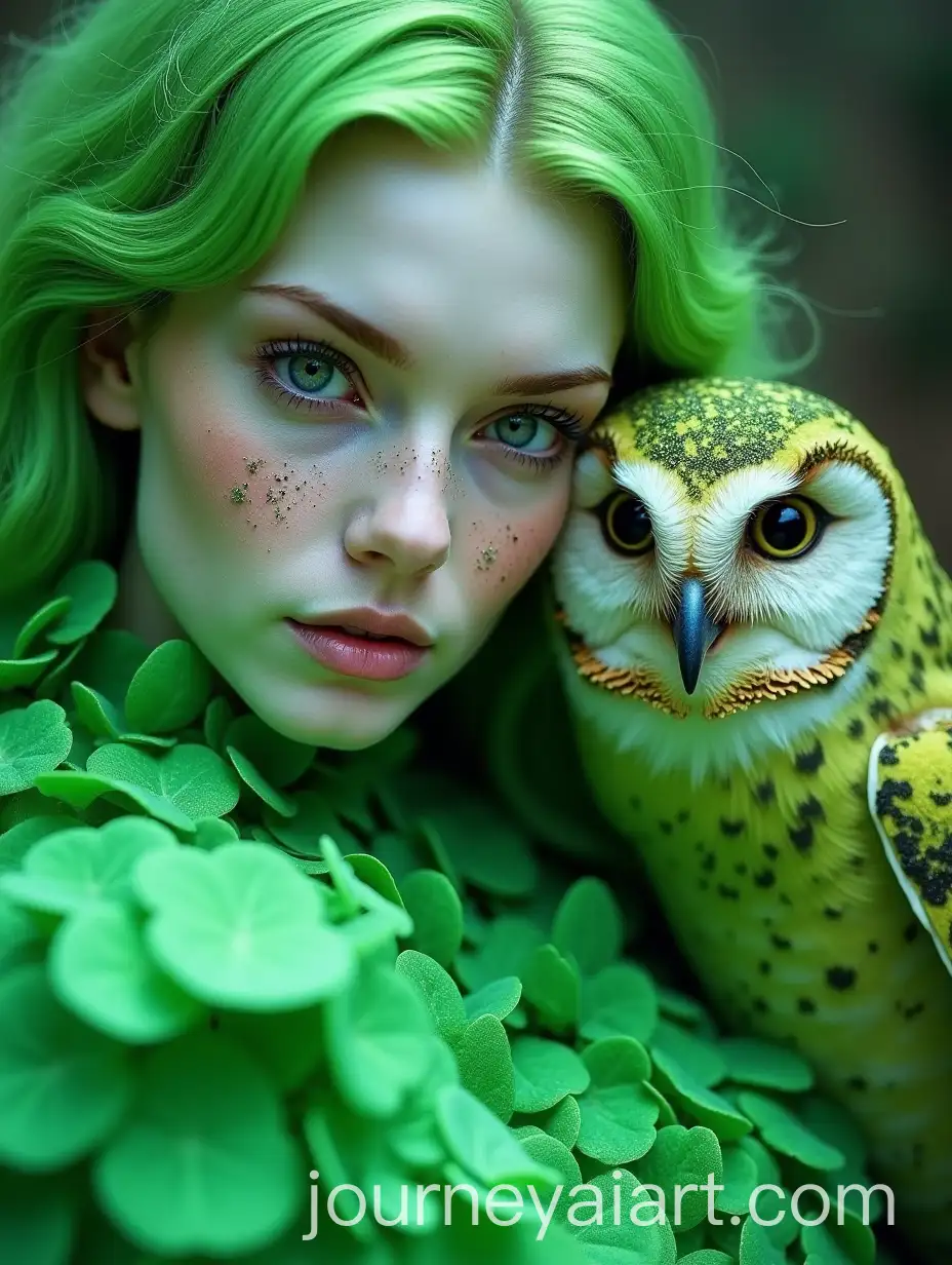 AvantGarde-Fashion-Model-with-Green-Hair-and-Freckles-in-Natural-Setting-with-Green-Owl