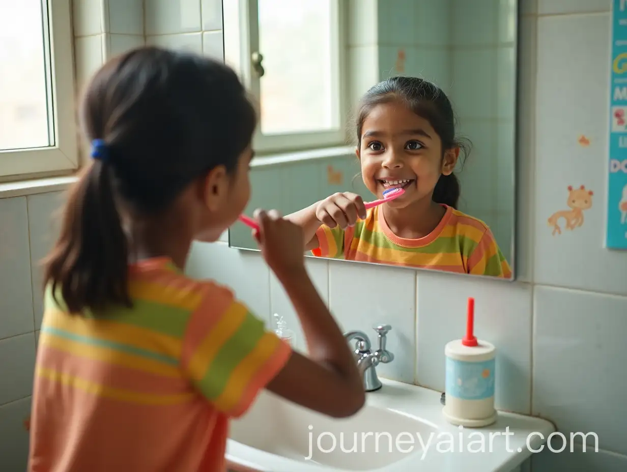 Indian-Girl-Brushing-Teeth-in-Bright-CleanAI-Image-Prompt-Expansion-Bathroom-with-Motivational-Poster