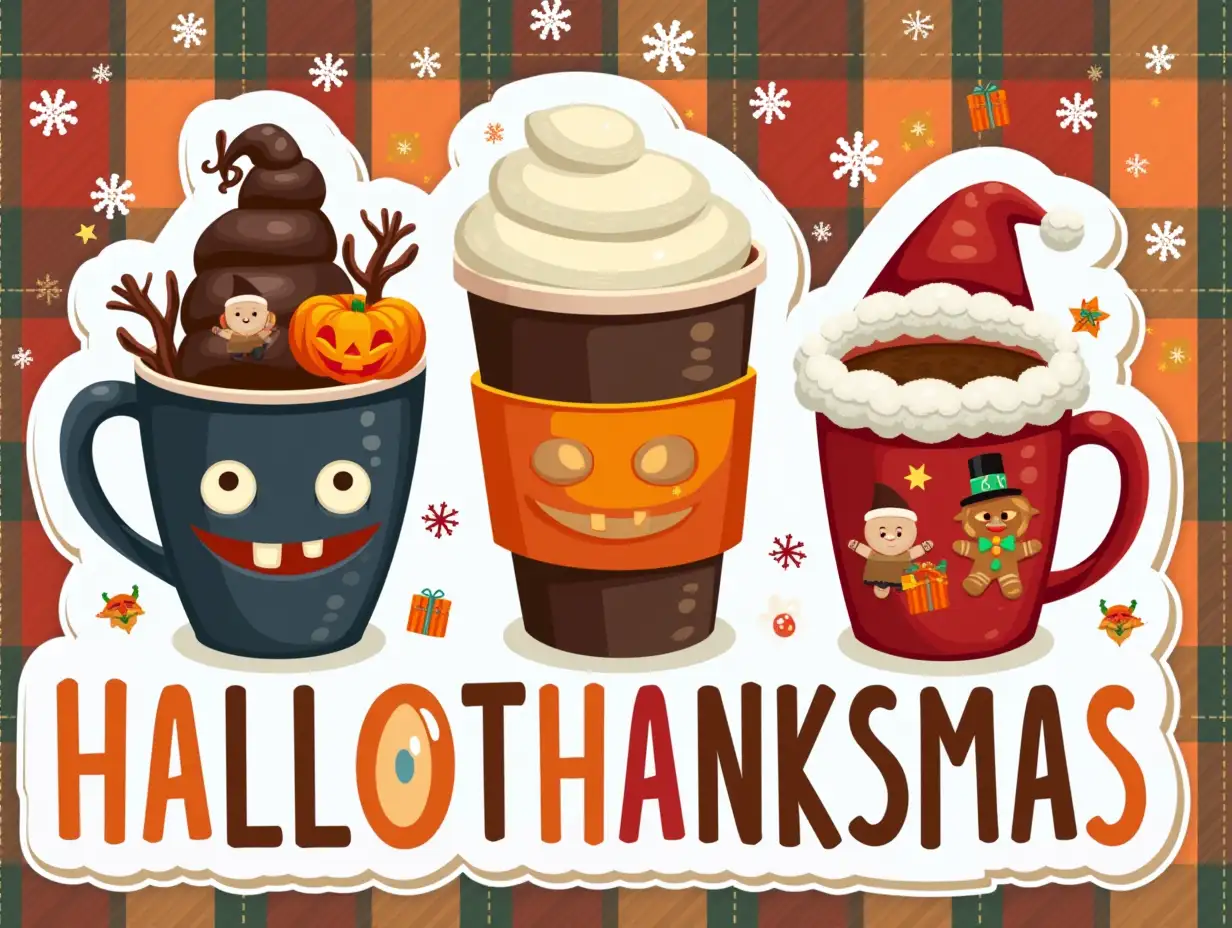 Vector illustration. Create a digital design featuring three festive coffee cups representing Halloween, Thanksgiving, and Christmas. The Halloween cup should have a spooky eye design and be decorated with ghosts and pumpkins. The Thanksgiving cup should be adorned with a pumpkin and a pie slice. The Christmas cup should be wrapped in a Santa hat and decorated with gingerbread men and presents. The background should be a colorful plaid pattern with snowflakes and glitter. The text 'HALLOTHANKSMAS' should be written in bold, festive lettering across the bottom of the design. The overall style should be playful, festive, and capture the spirit of all three holidays.