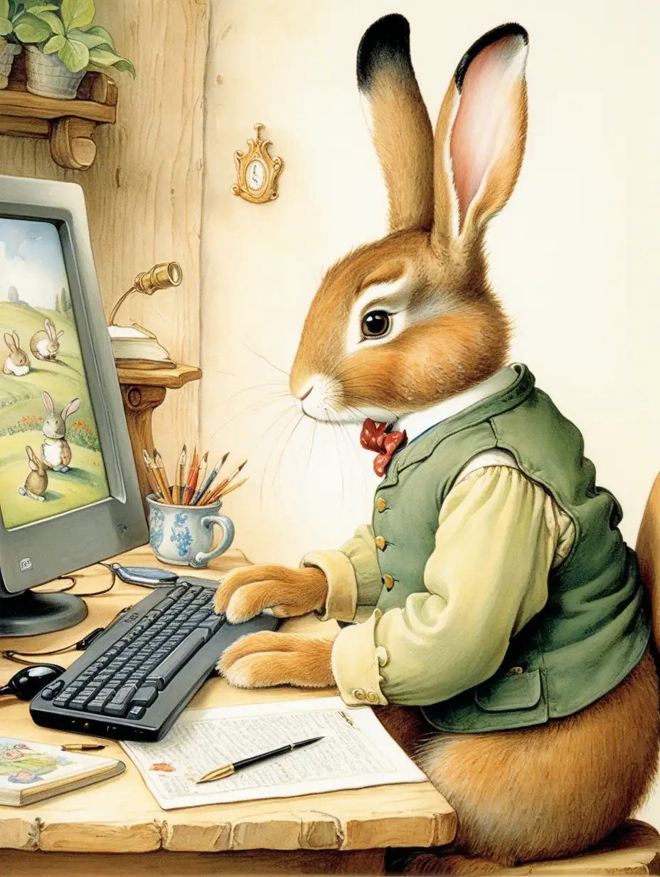 Whimsical Bunny Working on a Computer