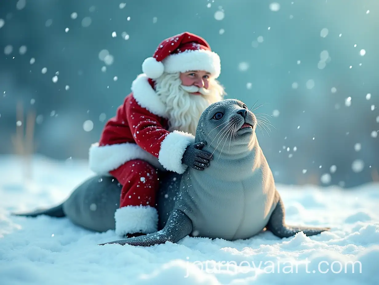 Santa-Claus-with-Turquoise-Beard-Riding-a-Seal-in-the-Snow