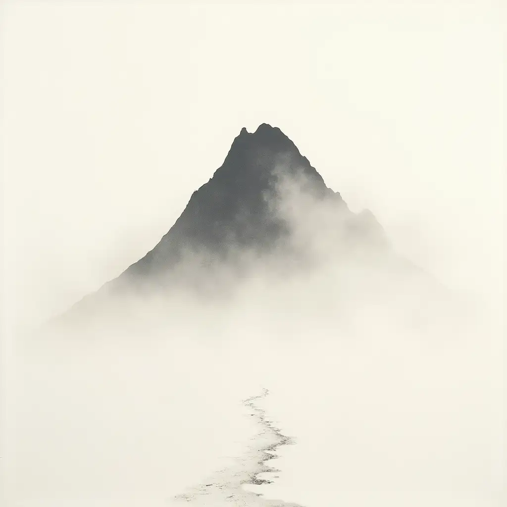 A minimalist sumi-e painting showing a mountain surrounded by fog, with its peak partially hidden. In the foreground, a small empty path suggests something was there, but now there's only silence and space. The composition conveys the idea that absence also has value and can create visibility. No signatures or artistic marks.