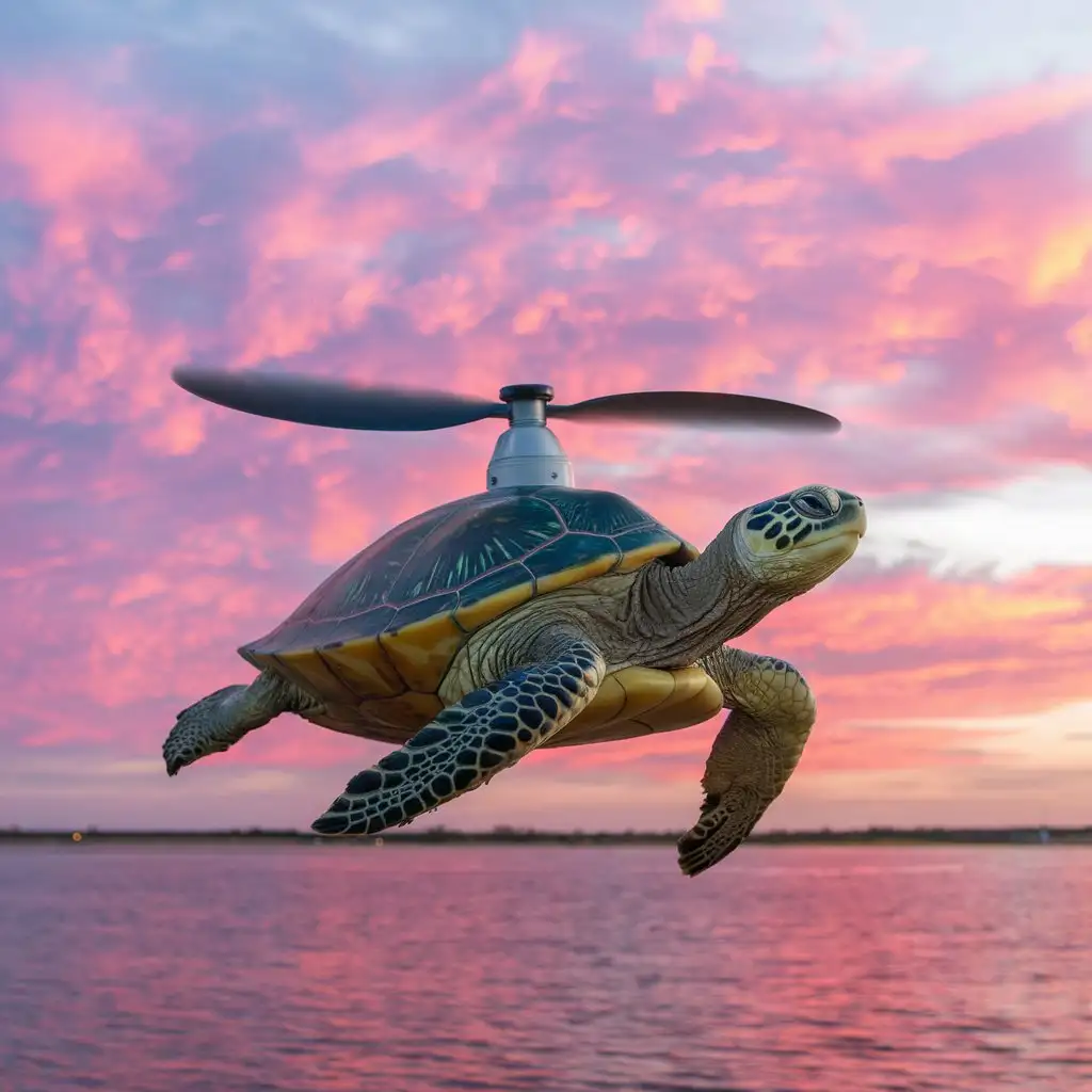 Graceful Flying Tortoise in Surreal Sky