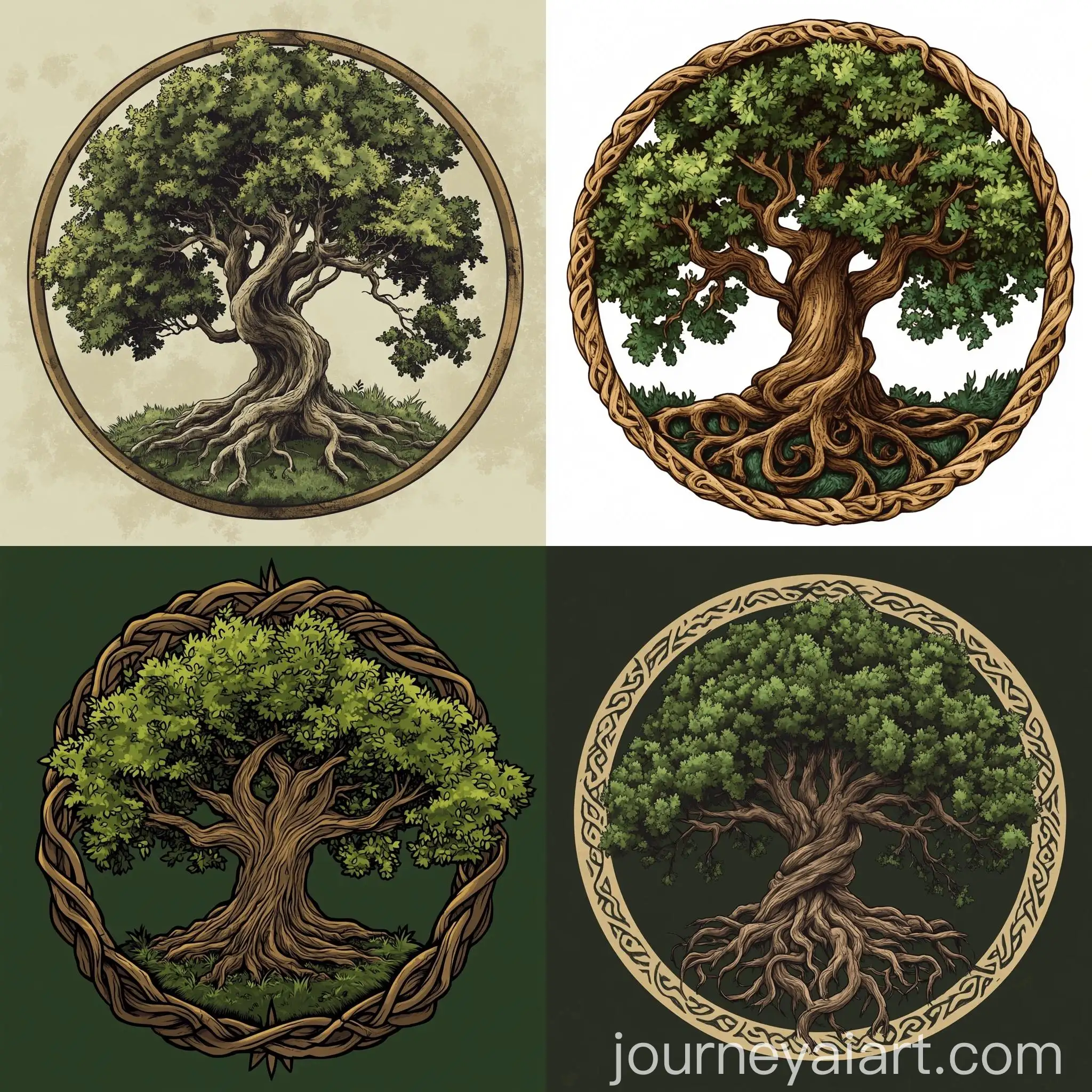 Ancient-Oak-Tree-Emblem-with-Intertwined-Roots-and-Detailed-Leaves