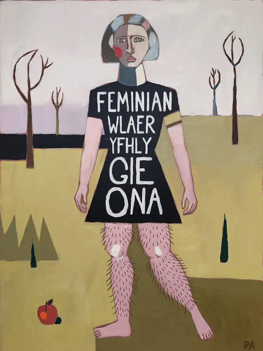 Feminist-Girl-with-Hairy-Legs-in-Abstract-Style-Inspired-by-Piet-Mondrian-and-Yayoi-Kusama