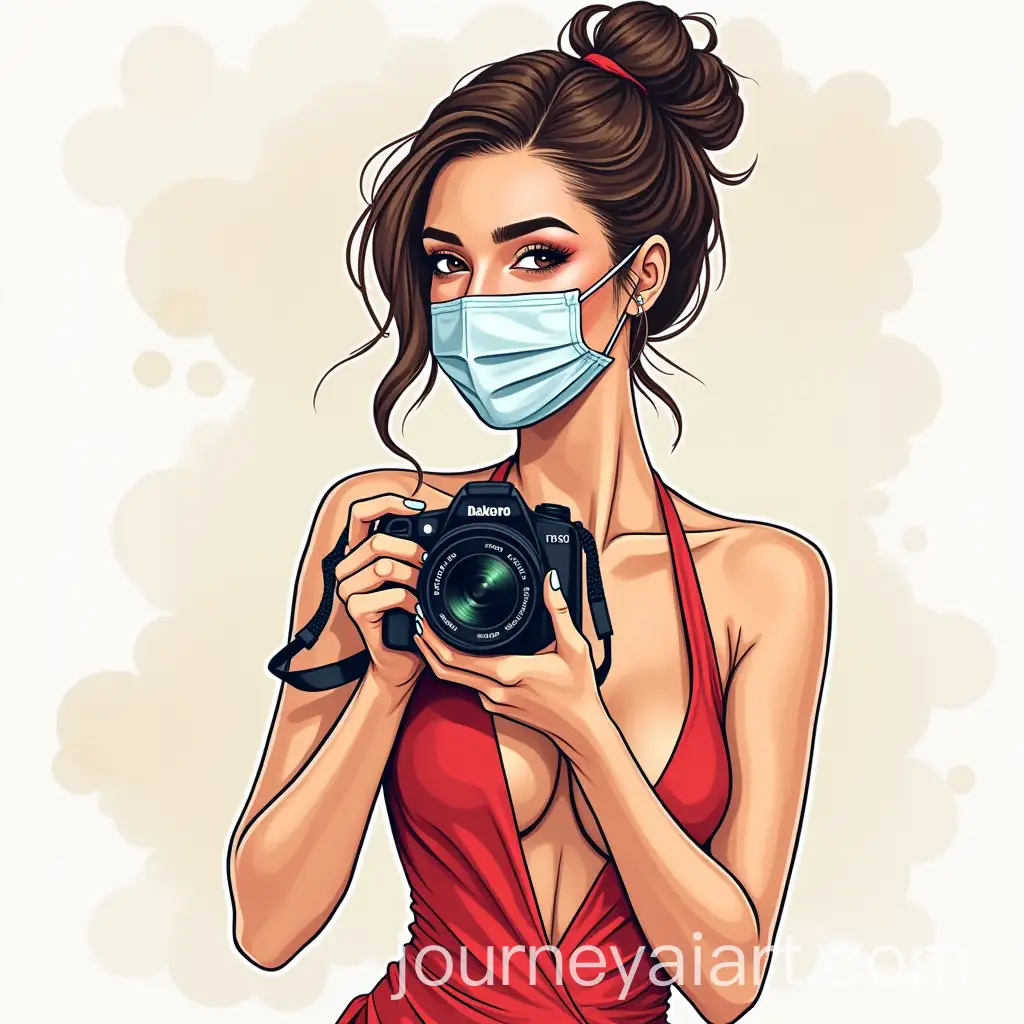 Woman-in-Dance-Dress-Holding-DSLR-Camera-and-Wearing-Mask