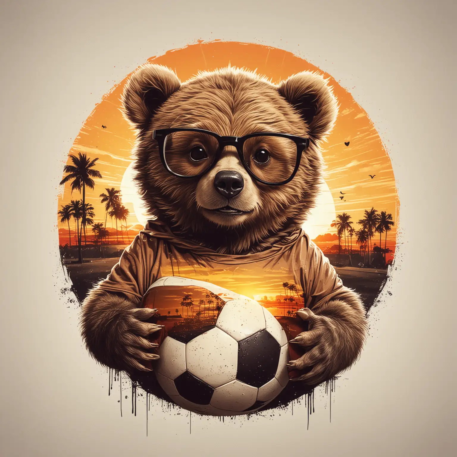 A beautiful and cute bear cub in black glasses to play football a vintage sunset in the style pop art white background for print on T-shirt