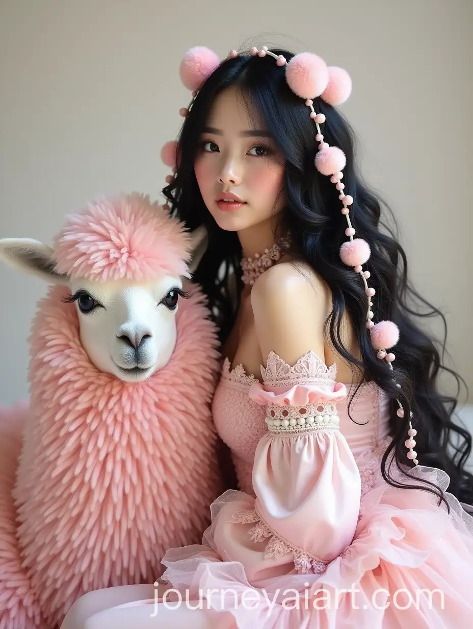 WhimsAI-Image-Prompt-Expansionical-Portrait-of-a-Woman-with-Pink-Pompoms-and-a-Fluffy-Pink-Llama