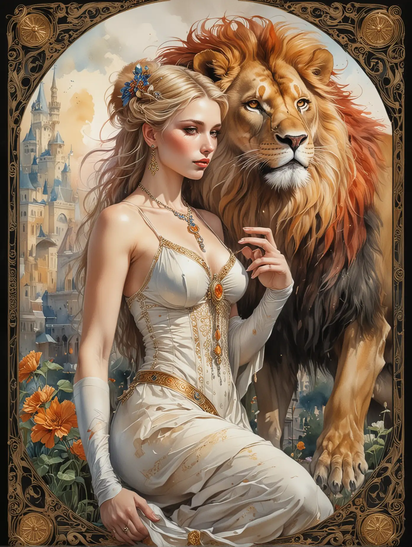 Russian-Aristocratic-Woman-Taming-a-Lion-with-Magic-in-19th-Century-Tarot-Card-Style