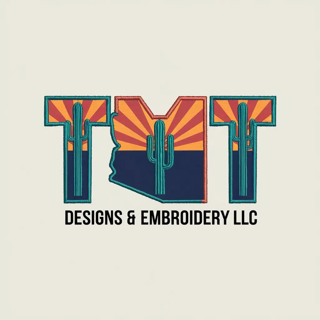 LOGO Design for TMT DESIGNS EMBROIDERY LLC Arizona State Embroidered Letters with Cactus in Copper and Teal Colors